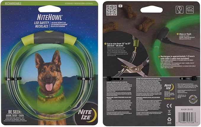 Nite Ize NiteHowl Rechargeable LED Safety Necklace - Dog Light for Dog-Walking Gear - Weather-Resistant Design - 5 Hours Runtime - Cut to Fit from 12” to 27” - Green