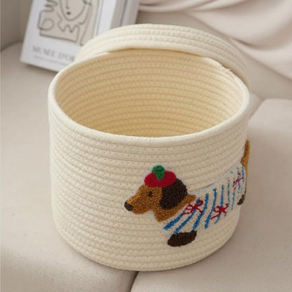 Novabright 2 Pcs Dog Woven Basket with Lid Cute Toy Storage Bin Cotton Rope Puppy Animal Storage Basket for Laundry Toy Pet Gift Organizer for Clothes Towels