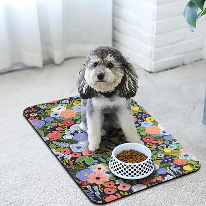 Dog Food Mats for Floors Waterproof, Pet Water Bowl Mats Pet Feeding Absorbent Placemats Flower 16 * 24 inch