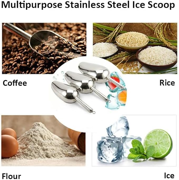 Set of 3 Ice Scoop, Plastic Kitchen Ice Scoop for Canisters or Ice Maker, Food Scoops for Canisters, Freezer, Flour, Dry Foods, Coffee Beans, Pop Corn, Pet Dog Cat Food (Stainless Steel-M)