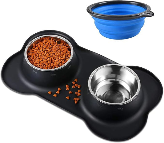 Bonve Pet Double Dog Food Bowls Stainless Steel & Water Dish with No-Spill and Non-Slip Silicone Mat, Removable Puppy Feeder Bowls for Small Medium Size Cat Dogs Kitten,14oz