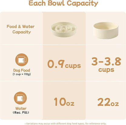 Ceramic 0.9 Cup Raised Slow Feeder Dog Bowl Set, Elevated 6.1inch Water Bowl and 6.1inch Slow Dish with Wooden Stand for Small Dogs (2 x Beige+ Stand)