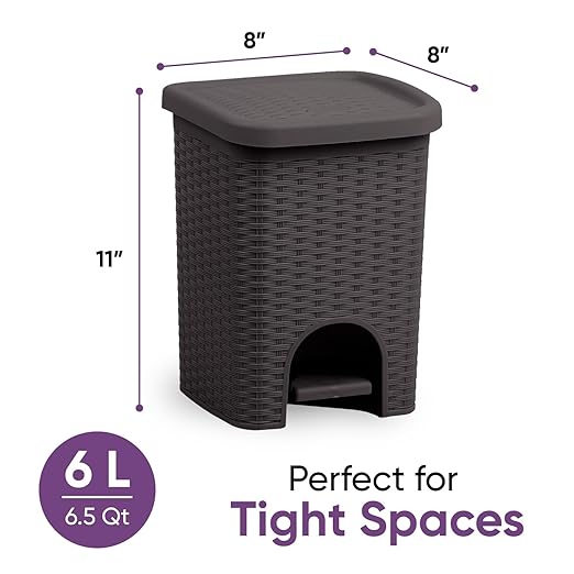 Superio Mini 6L Step Pedal Trash Can - Wicker Design, Hidden Mechanism, Durable Plastic, Ideal for Desktop, Countertop, Pet Waste/Dog Poop - Brown