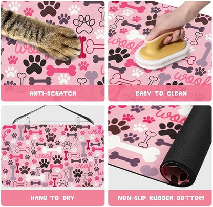 Dog Food Mats for Floors Waterproof, Pet Water Bowl Mats Pet Feeding Absorbent Placemats Pink 12 * 20 inch