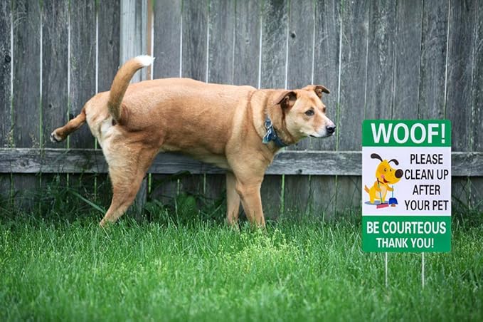 WaaHome Pack of 2 Double Sided Woof Please Clean Up After Your Pet Yard Signs with Stakes, 8"X12" Funny No Poop Pee Dog Yard Sign Lawn Sign