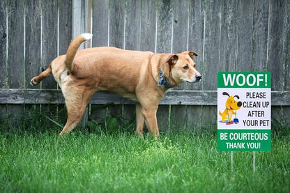 WaaHome Pack of 2 Double Sided Woof Please Clean Up After Your Pet Yard Signs with Stakes, 8"X12" Funny No Poop Pee Dog Yard Sign Lawn Sign