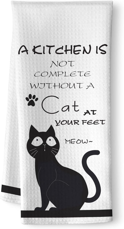 Cat Kitchen Towels - Quick-Dry 'Essential Kitchen Companion' Hand Cloth, Decorative Hand Towel Featuring Upward-Looking Black Feline Art for Pet Moms & Devotees | Home Accent & Crazy Cat Lady Gifts
