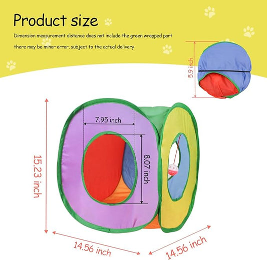 Andiker Cat Tunnel, Foldable Square Colorful Kitten Pop Up Tent Matches with Most Cat Tubes Polyester Kitten Tent with a Bell Ball 3 Holes Kitten Tubes to Hide Play (Square S)