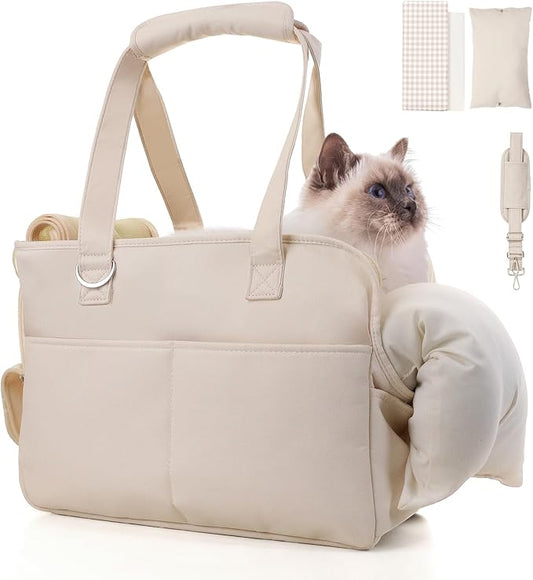 Dog Purse Carrier for Small Dogs & Puppies Up 10 Lbs, Soft Cotton Tote Pet Shoulder Bag with Pockets, Foldable & Washable Breathable Puppy Carrier for Yorkie, Chihuahua & Cats - Beige
