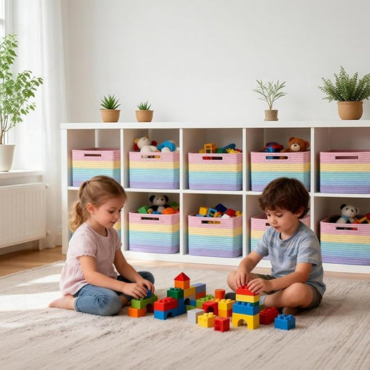 5 Pack Rainbow Woven Storage Baskets for Shelves, Decorative Toy Baskets Organizer for Kids Room, Nursery, Playroom, Classroom – Colorful Cotton Rope Toy Storage Bins for Organizing & Decor