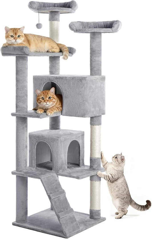 Made4Pets Cat Tree Tower 70in Cat Tower for Indoor Cats Kitten Tree Multi-Level Cat Tree with 2 Condo Furniture Activity Center with Scratching Posts Funny Toys Kittens Pet Play House, Light Grey