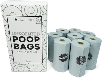Leash Boss Dog Poop Bags - 120 Bags, 8 Rolls Unscented Leak Proof Waste Bag Rolls (Gray, 8 Rolls)