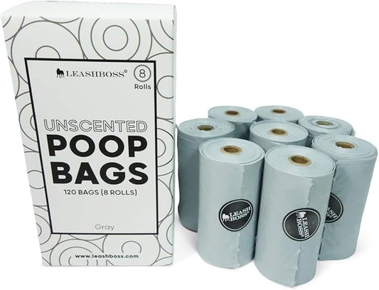 Leash Boss Dog Poop Bags - 120 Bags, 8 Rolls Unscented Leak Proof Waste Bag Rolls (Gray, 8 Rolls)