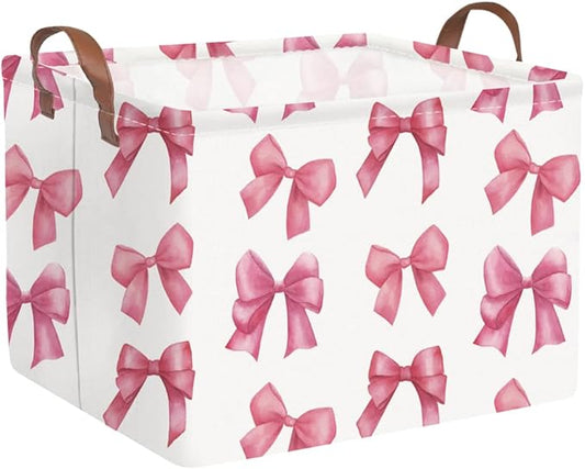 Rectangular Pink Girls basket,Delicate pink bow girls nursery laundry basket,Pink Laundry Hamper,kids waterproof collapsible canvas basket,Toy bins,Girls Room decor(Bowknots)