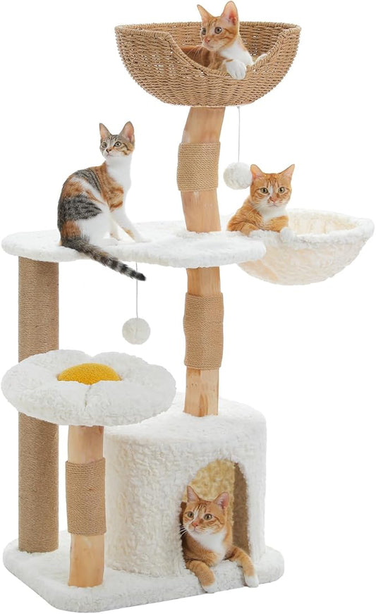 PETEPELA 48.5" Modern Cat Tree for Large Cats, Natural Solid Wood Cat Tower with Big Rattan Basket, Cozy Condo & Flower Cat Tree with Large Hammock for Indoor Cats, Kittens