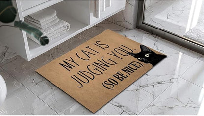 Funny Welcome Doormat (23.7 in X 15.6 in) Anti-Slip Rubber Back Entrance Way Indoor Front Porch Decor Rugs House Warming Gift (My Cat is Judging You So Please Be Nice Peeking Cats)