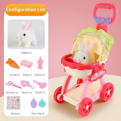 Bunny Toys for Kids Girls, Lager Size Interactive Plush Rabbit Pet Stroller Toy, Electronic Bunny Can Walk Bark, Pretend Play Baby Doll Stroller, Pet Toy Stroller（7.67 * 11.11 * 20.07inch）