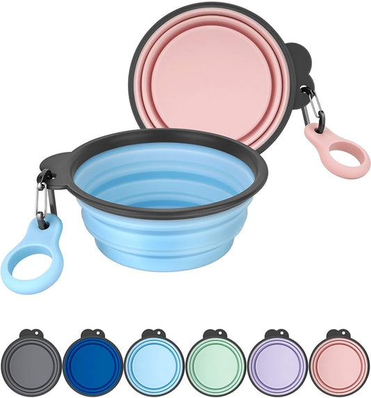 Aonkey Collapsible Dog Bowls with Bottle Carrier, 2 Pack Travel Dog Water Bowl Upgraded Carabiner, One-Piece Molded Rim No Fall Off or Crack 37oz, Blue & Green