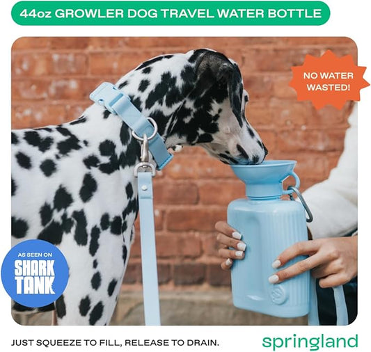 Springer Dog Water Bottle | Portable Travel Water Bottle Dispenser For Dogs - As Seen on Shark Tank | Patented, Leak-Proof Bottles Fill Bowl With Water - Ideal for Walking | BPA-Free 44oz Blue