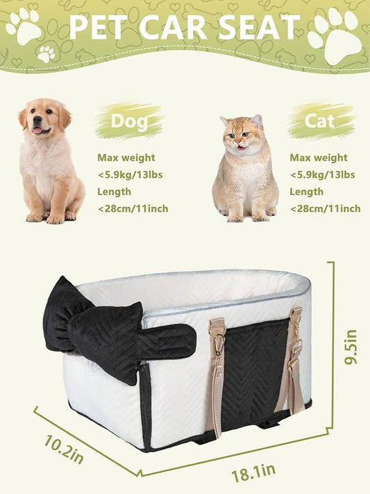 Small Dog Car Seat, Portable Dog Seat with Soft Washable Cushion,Center Console Dog Car Seat for Small Dogs Up to 13lbs(White)