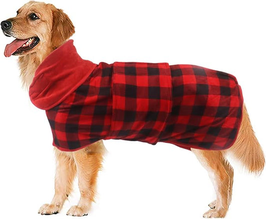Geyecete Dog Drying Coat - Fast Drying Dog Bath Robe Towel - Microfibre Super Absorbent - Red Black Grid - M