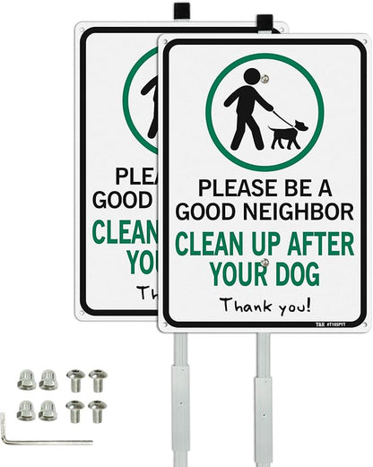 T&R Please Be A Good Neighbor Clean Up After Your Dog Sign with 36" Stake for Outside - 2 Pack - 14"x10" .040 Rust Free Heavy Aluminum, Reflective, Waterproof, Weatherproof and Fade Resistant, 6 pre-drilled holes,Includes Matching Screws & Wrench, Easy...