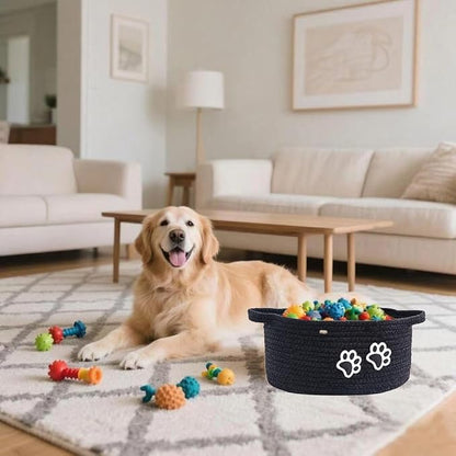 Small Woven Cotton Rope Nursery Organizer Bins, Dog Toy Basket Bins with Handle, Cute Empty Baby Gift Storage Baskets with Paw