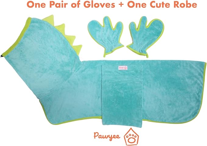 Pawyee Super Soft Fast-Drying Dog Towel with Drying Gloves for Cold Weather, Beach, Pool - Adjustable Microfiber Bath Robe Set (2 pcs) for Cats and Dogs (XL, Blue Dino)