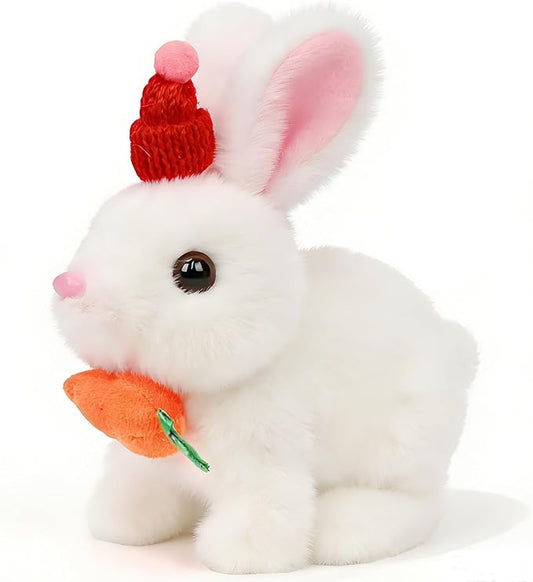 Easfan Bunny Plush Jumping Spotted White Rabbit with Hat Hopping Ears Nose Moving Educational Plush Toy Singing Shaking Glowing Interactive Toy Electric for Toddlers Kids