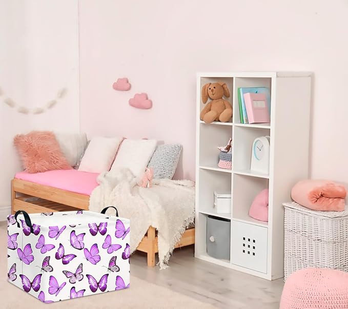 CLOCOR Rectangular Storage Basket,Collapsible Cute Pattern Storage Bin,Waterproof Books Box with Handles,Gift Basket(Deeppurple Butterfly)