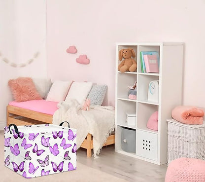 CLOCOR Rectangular Storage Basket,Collapsible Cute Pattern Storage Bin,Waterproof Books Box with Handles,Gift Basket(Deeppurple Butterfly)