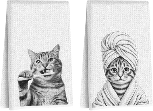 Hanamiya Na 2 Pcs Cute Cat Gifts Hand Towels 24x14 Inch, Funny Cats Gift Reusable Dish Towels for Kitchen Decor, Waffle Weave Absorbent Hand Cloth Tea Towel, Cat Lover Gifts for Women Mom Friend