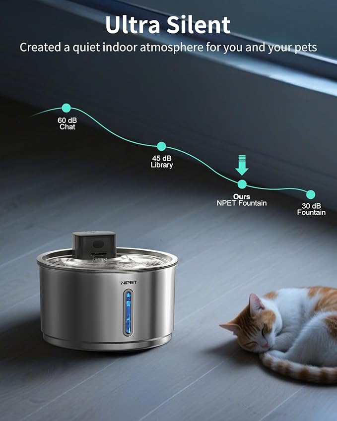 NPET Wireless Cat Water Fountain Stainless Steel, 1 Gallon/135oz Battery Operated Automatic Pet Drinking Fountain - Cordless Dog Water Dispenser with Water Level Window for Cats Indoor
