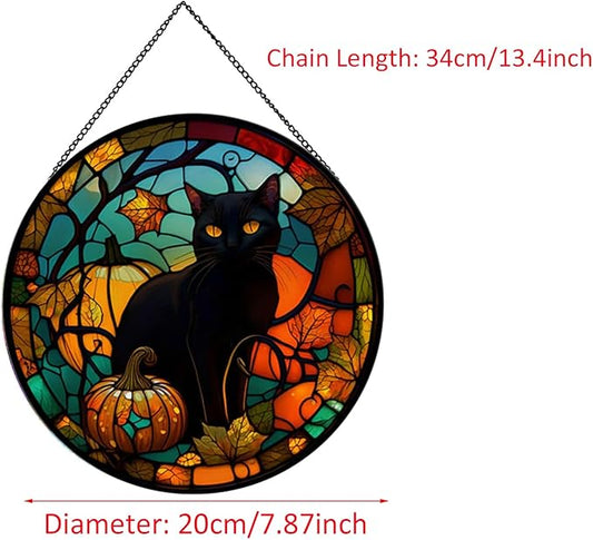 Black Cat Pattern Suncatcher Stained Glass,Hanging Stained Glass for Windows for Cat Lovers,20cm/7.87inch Hand-Painted Sun Catcher Garden Hangings Halloween Fall Christmas Decor for Home