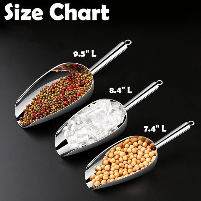 Set of 3 Ice Scoop, Plastic Kitchen Ice Scoop for Canisters or Ice Maker, Food Scoops for Canisters, Freezer, Flour, Dry Foods, Coffee Beans, Pop Corn, Pet Dog Cat Food (Stainless Steel-L)