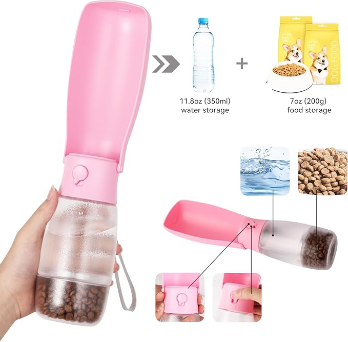 2-in-1 Foldable Pet Travel Water Bottle, Feeding Vessels for Pets, 11.8oz Water & 7oz Food Container for Dogs and Cats, Portable Leak-Proof Dispenser for Hiking, Walking & Camping White