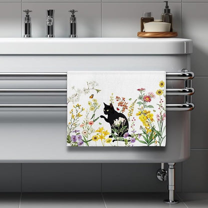 Cat Kitchen Towels - Quick-Dry Cat Hand Towels in Blooming Floral Tapestry, Contrast Art Dish Towel for Garden Pet Moms | Decorative Dish Towel & Verdant Home Accent, Floral Towel Gift