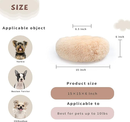 Light Brown Dog Bed Washable,Fluffy Dog Beds for Small Dogs 15 inches Donut Soft Small Pet Bed,Calming Anti Anxiety Round Fits up to 5 lbs Warm Comfort Pets Beds for Puppy Dogs Indoor