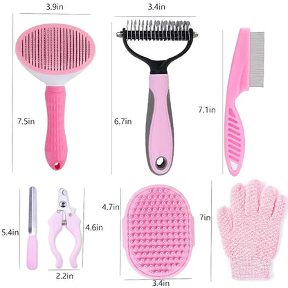 7 PCS Dog Brush Dog Grooming Kits,Dog Shedding Brush，Self-Cleaning Brush with Nail Clipper, Flea Comb and Shampoo Bath Brush