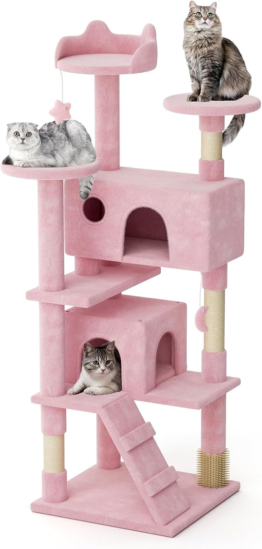 Magshion Cat Tree 60" Cats Tower for Indoor Cats, Multi-Level Cat Condo with Scratching Post, Top Perch, Sisal Board and Dangling Ball, Cat Stand Jumping Platform Kittens Pet Play House (Pink)
