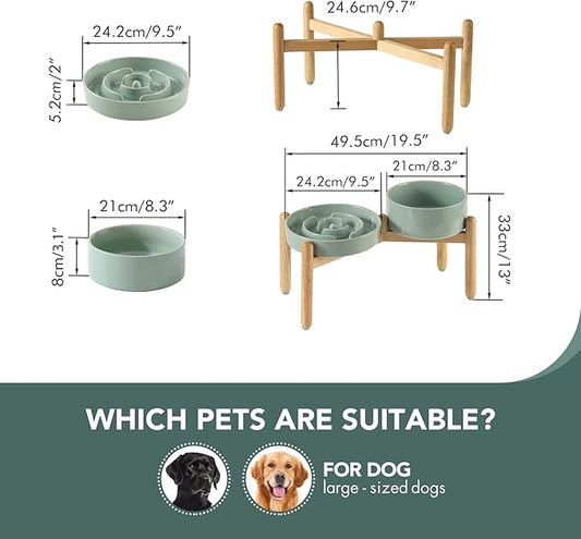 3.2 Cup Ceramic Raised Slow Feeder Dog Bowl Set, Elevated 8.2inch Bowl and 9.5inch Puzzle Slow Food Dish with Wooden Stand for Large Dog, Anti-Gulping (2 x Light Green+ Stand)