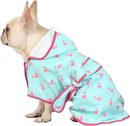 HDE Dog Bathrobe Super Absorbent Quick Drying Puppy Towel Wrap Coat Adjustable After Bath Robes with Hood for Dog Sizes S-XXL Flamingos M