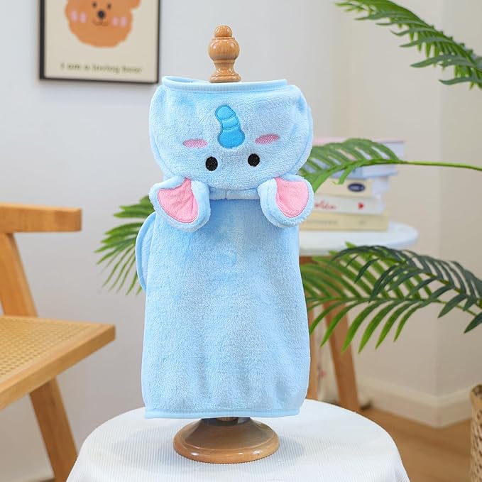 Dog Bathrobe with Hood Super Absorbent Soft Quick Drying Towel Wrap Adjustable Puppy Cat Bath Robe Towel for Cold Weather Beach Pool (Blue Elephant, Medium)