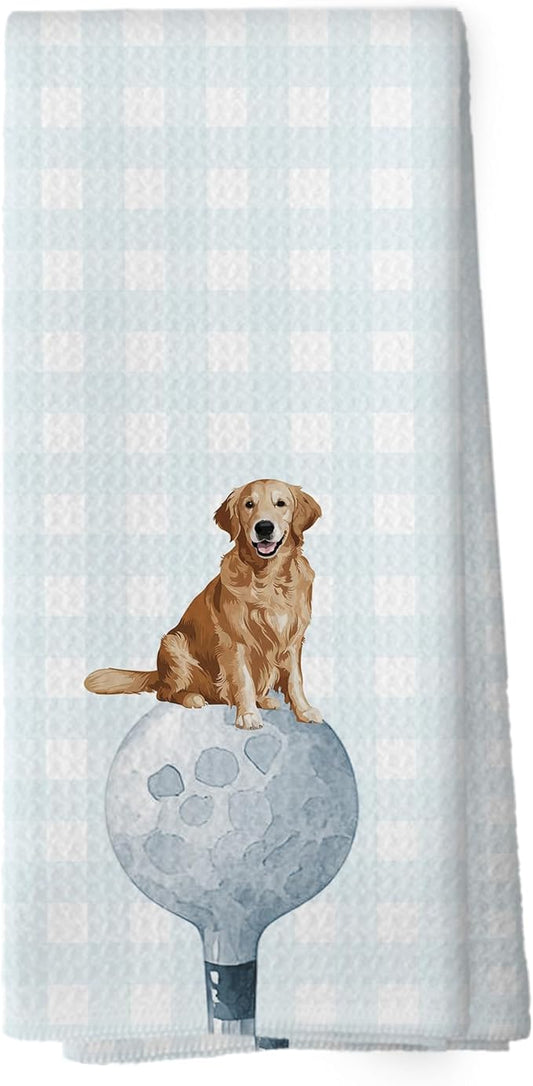 Golf Dog Kitchen Towels - Golden Retriever Dish Towels, Sports Gifts, Pet Golf Club Decorative Absorbent Dishcloths Hand Towels for Spa Kitchen Gym Decor 16x24 Inches