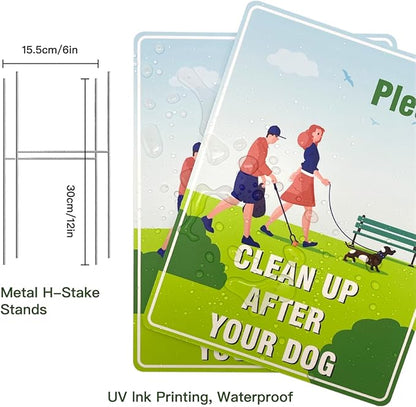 2-Pack Clean Up After Your Dog Signs, 12x9 Inch Double Sided Yard Signs with Metal H-Stakes, Weatherproof & UV Resistant No Pooping Dog Lawn Signs