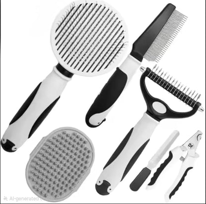 Dog Grooming Kit for Dogs at Home, 6-in-1 Pet Grooming Kit with Slicker Brush, Dematting Tool, Stainless Steel Comb, Nail Clipper for Dogs, Nail File & Bath Massage Glove