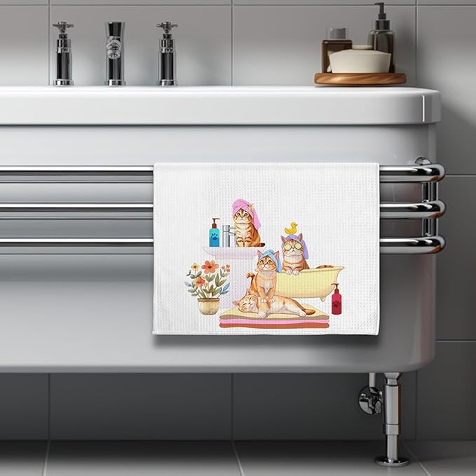Bathing Cat Hand Towels - Quick-Dry Shower Cat Gathering Decorative Towels for Bathroom, Multi-Scene Bathroom & Spa Art Decorative Towel for Feline Ladies | Relaxation-Themed Gift for Pet Moms