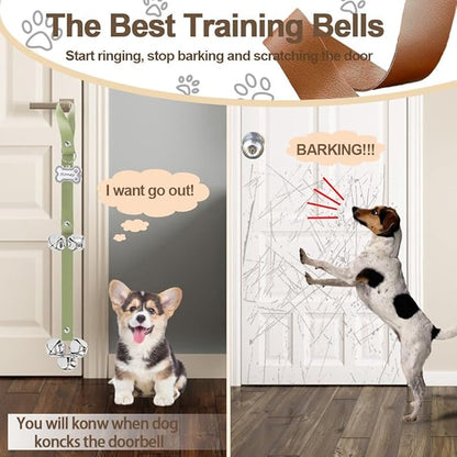 Leather Dog Bells, Puppy Potty Training Bell Dog Doorbell Potty Train Dog Bell for Potty Training Door Bells for Dogs to Ring to Go Outside Jingle Bells (Leather Green, Glitter Bone 1 PCS)
