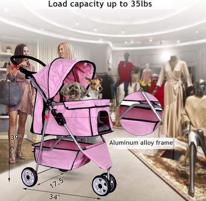Dkeli 3-Wheel Pet Stroller, Lightweight Foldable Dog Stroller for Small Medium Dogs & Cats, Breathable Mesh & Weather Cover with Storage Basket, for Daily Walk Outdoor Travel (Pink)
