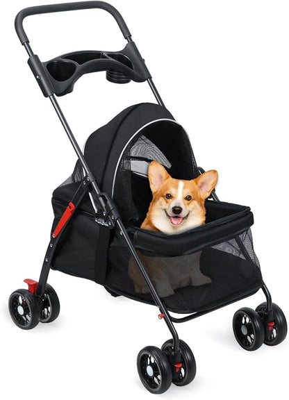 Pet Stroller,4 Wheels Outdoor Travel Pet Folding Stroller,Cat Strollers w/Removable Carrier,Dog Cat Cage Strollers with Cup Holder,Breathable and Visible Mesh for Medium Small Dog 1 Set